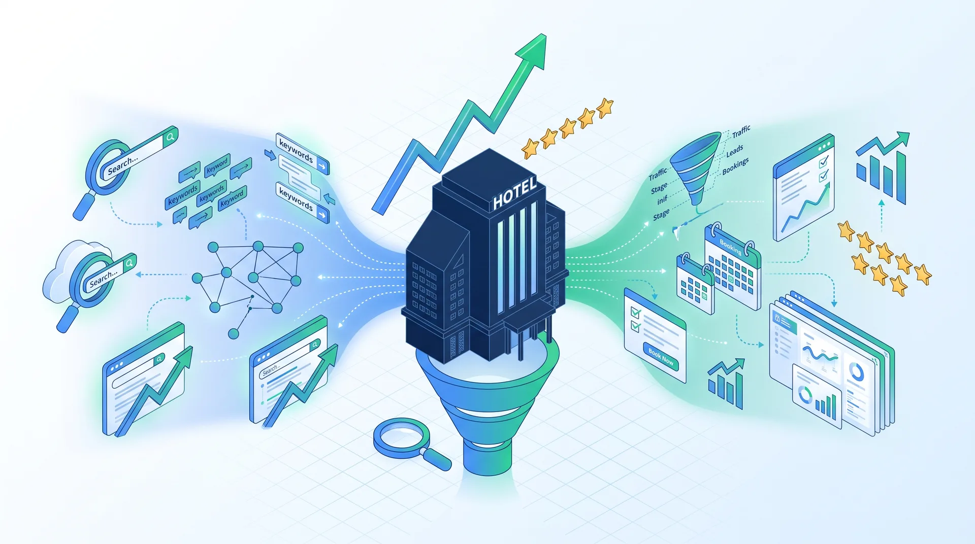 Digital illustration showing hospitality brand growth through integrated SEO and CRO strategies with hotel building surrounded by optimization elements