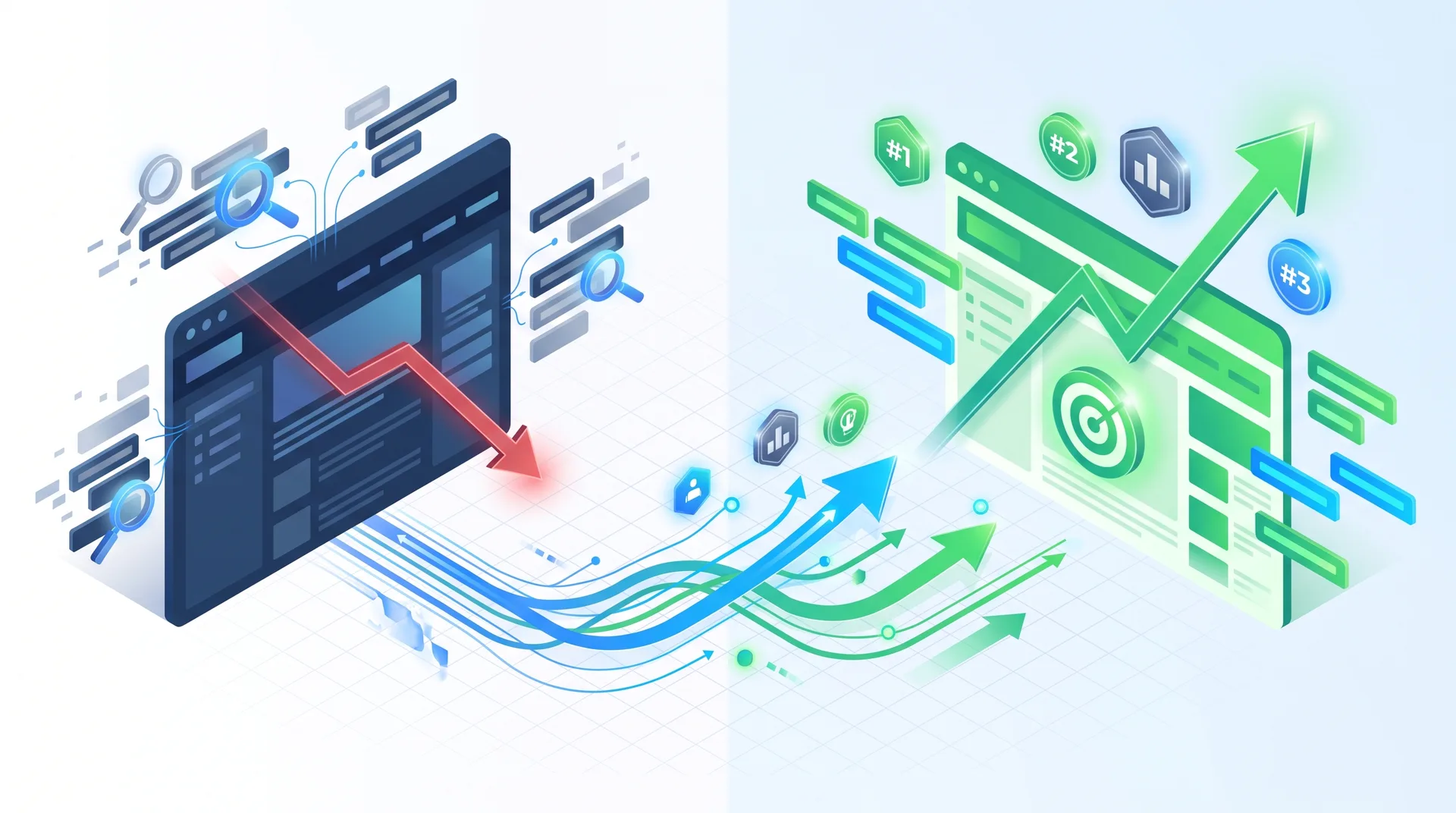 Competitive SEO analysis illustration showing two website mockups with ranking metrics and keyword data streams