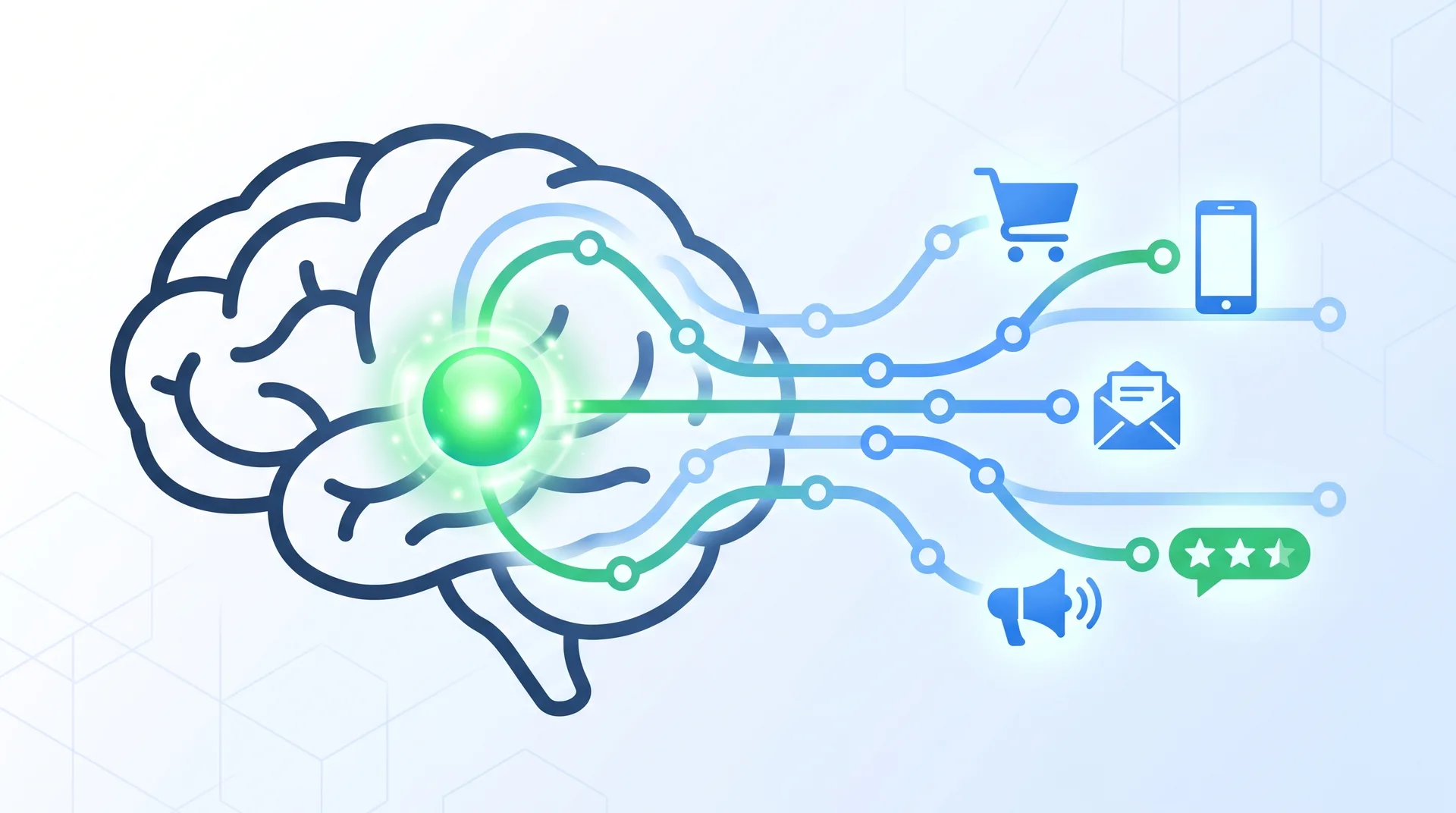 Illustration of a brain silhouette with brand touchpoint icons flowing through connected pathways into a glowing memory node, representing the brand recall framework