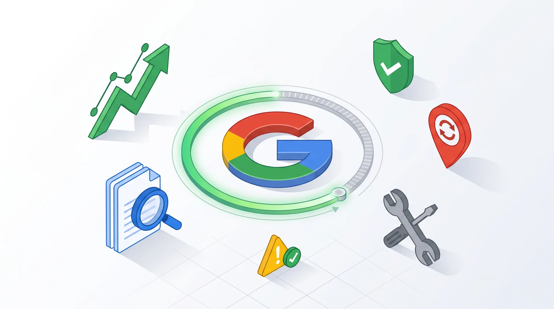 Isometric illustration showing Google Business Profile recovery with diagnostic tools, progress indicators, and optimization symbols