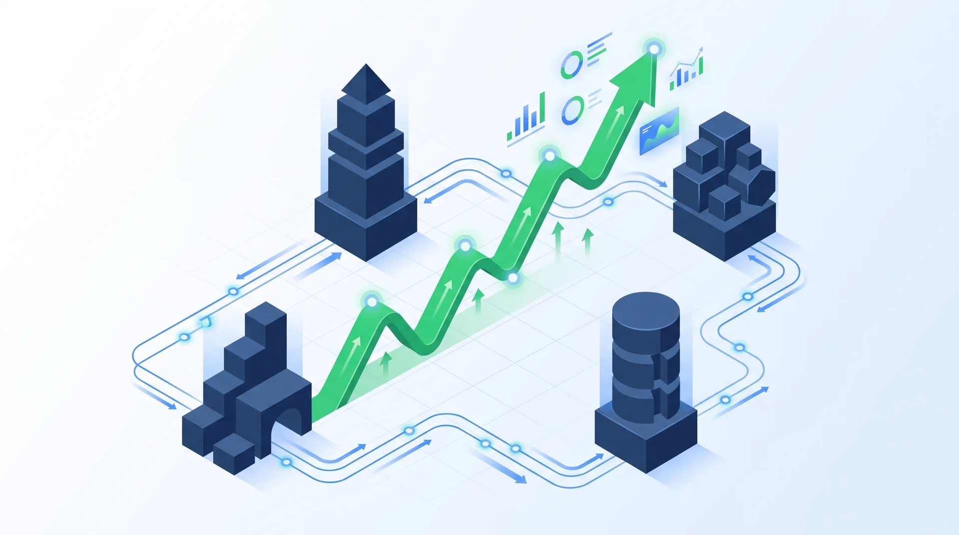 Strategic framework visualization showing interconnected pillars driving exponential website traffic growth with upward trending analytics