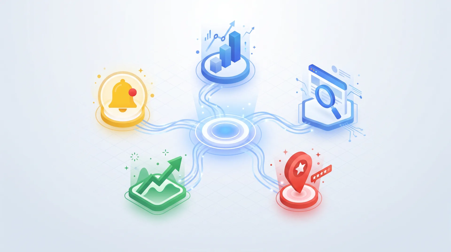 Interconnected constellation of five Google business tools including Analytics, Search Console, Business Profile, Trends, and Alerts with flowing data connections