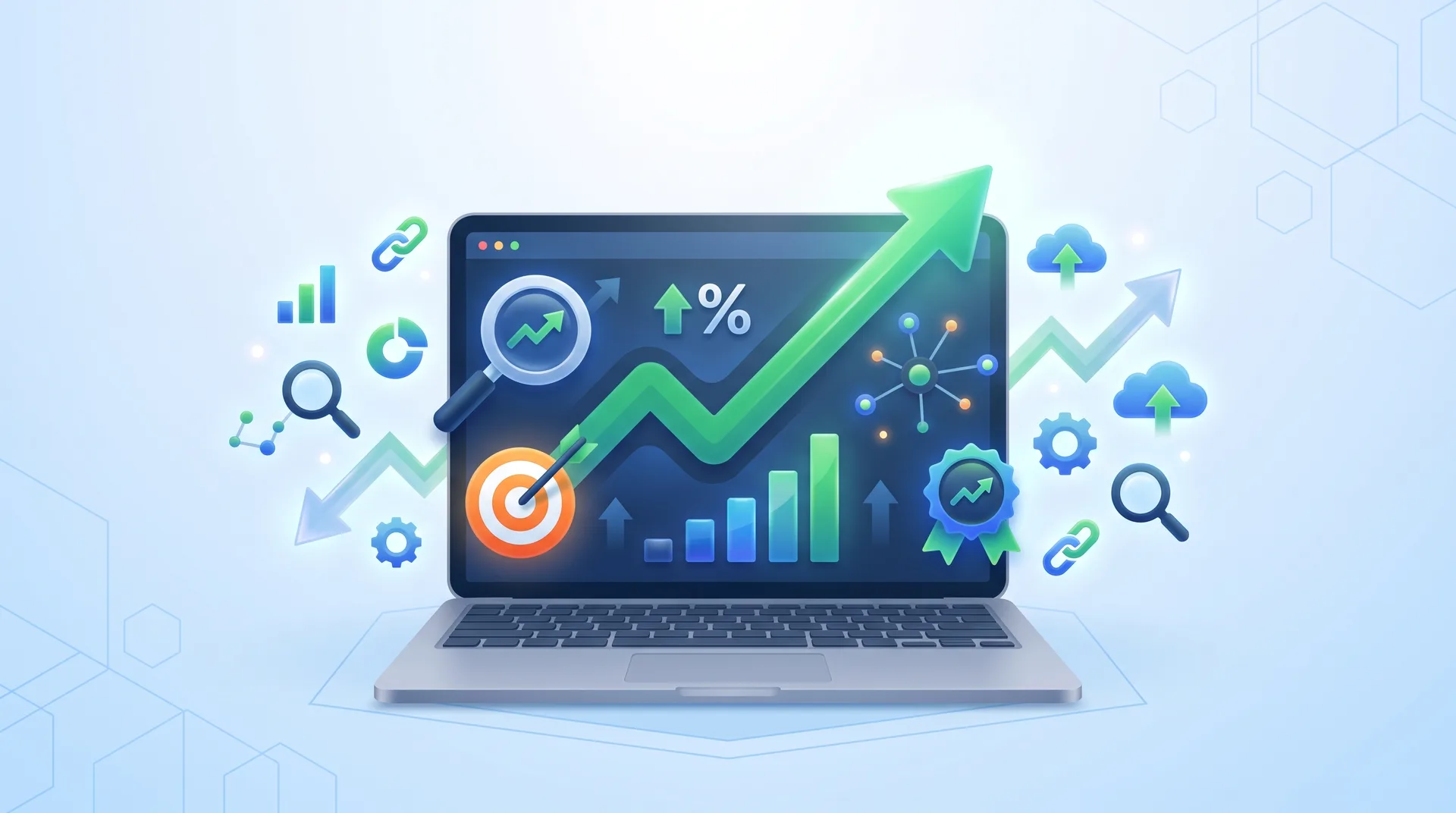 Modern digital dashboard displaying SEO analytics with upward growth trends, search optimization icons, and coaching business metrics