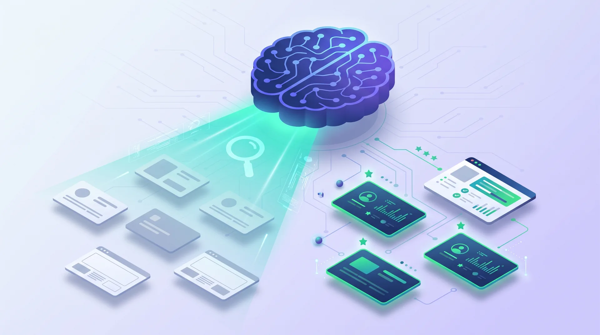 AI search engine represented as glowing brain with search beam highlighting some business websites while others remain invisible in background