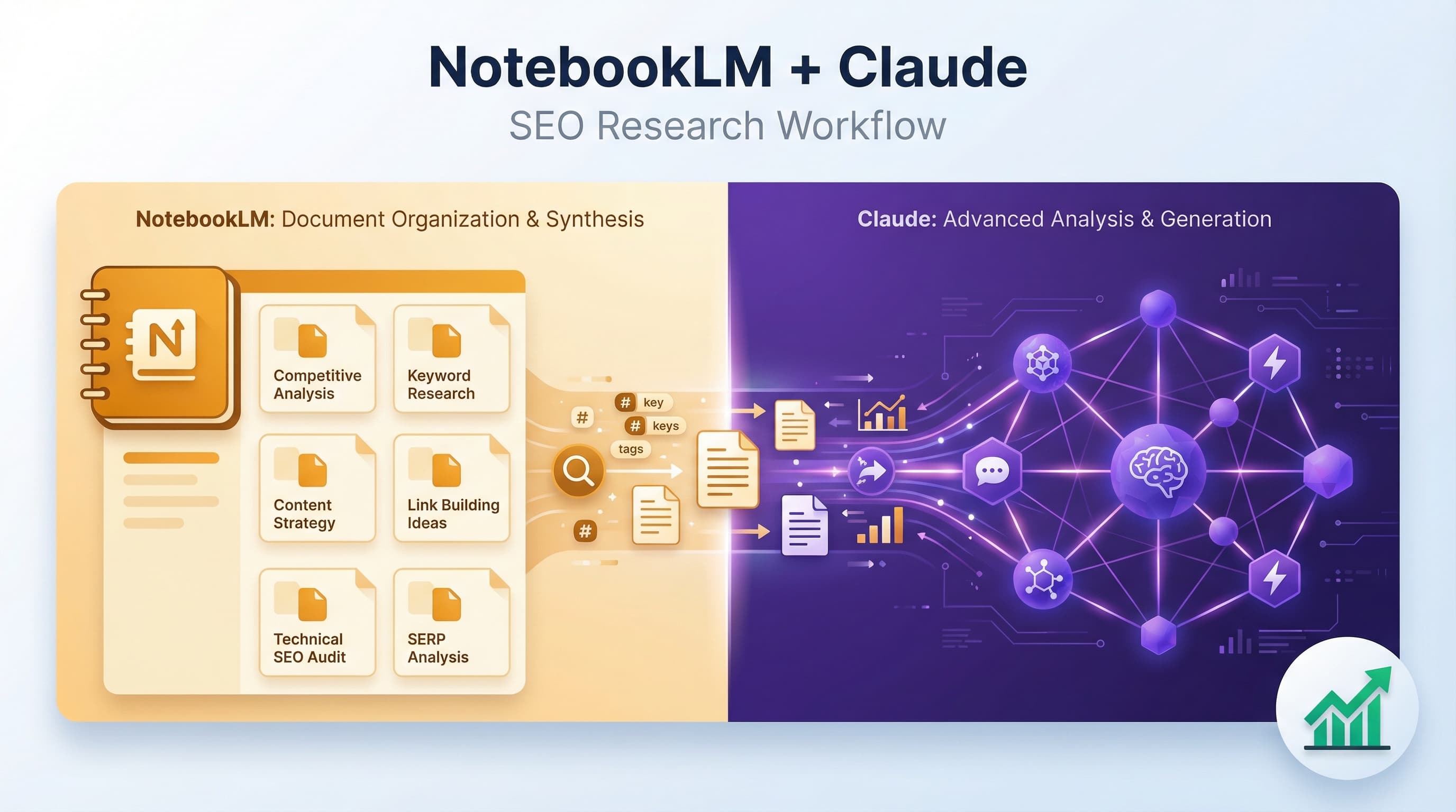 NotebookLM and Claude AI integration workflow visualization showing data flow between research and content creation for SEO