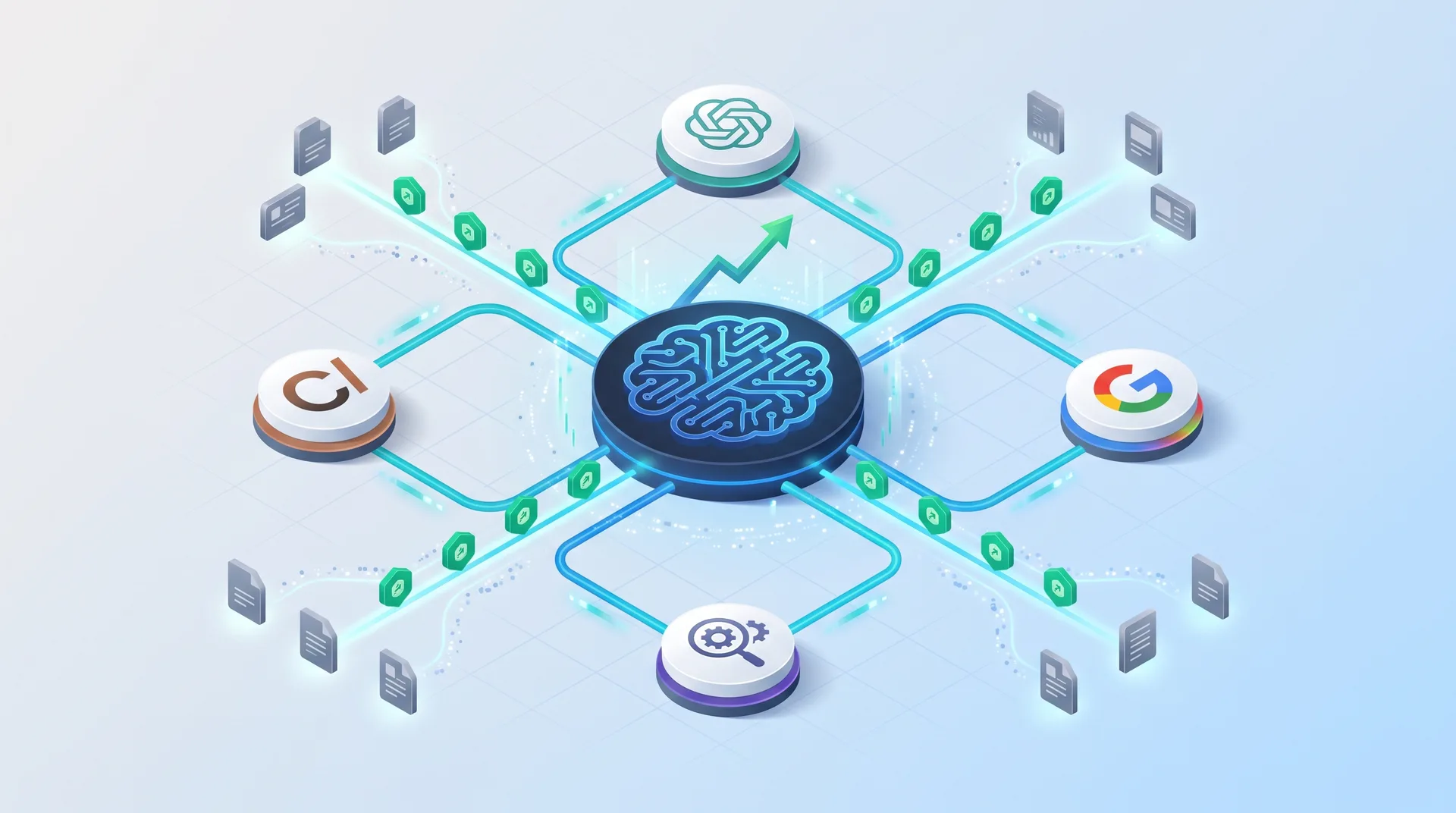 Isometric illustration showing AI answer engine optimization concept with neural network hub connected to multiple AI platforms and citation streams