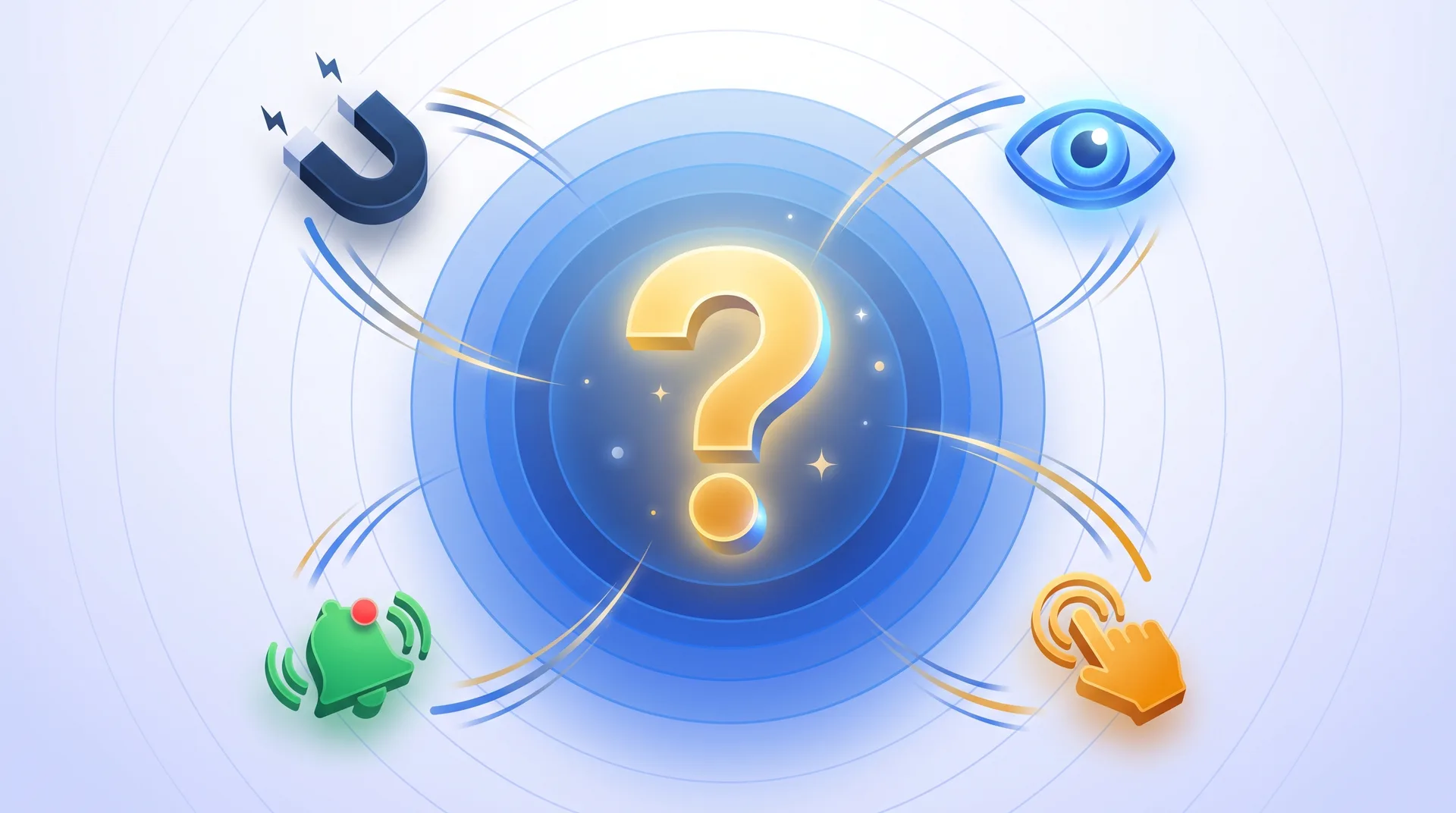 Modern illustration of a glowing question mark surrounded by marketing icons being magnetically drawn inward, representing curiosity-driven marketing strategies