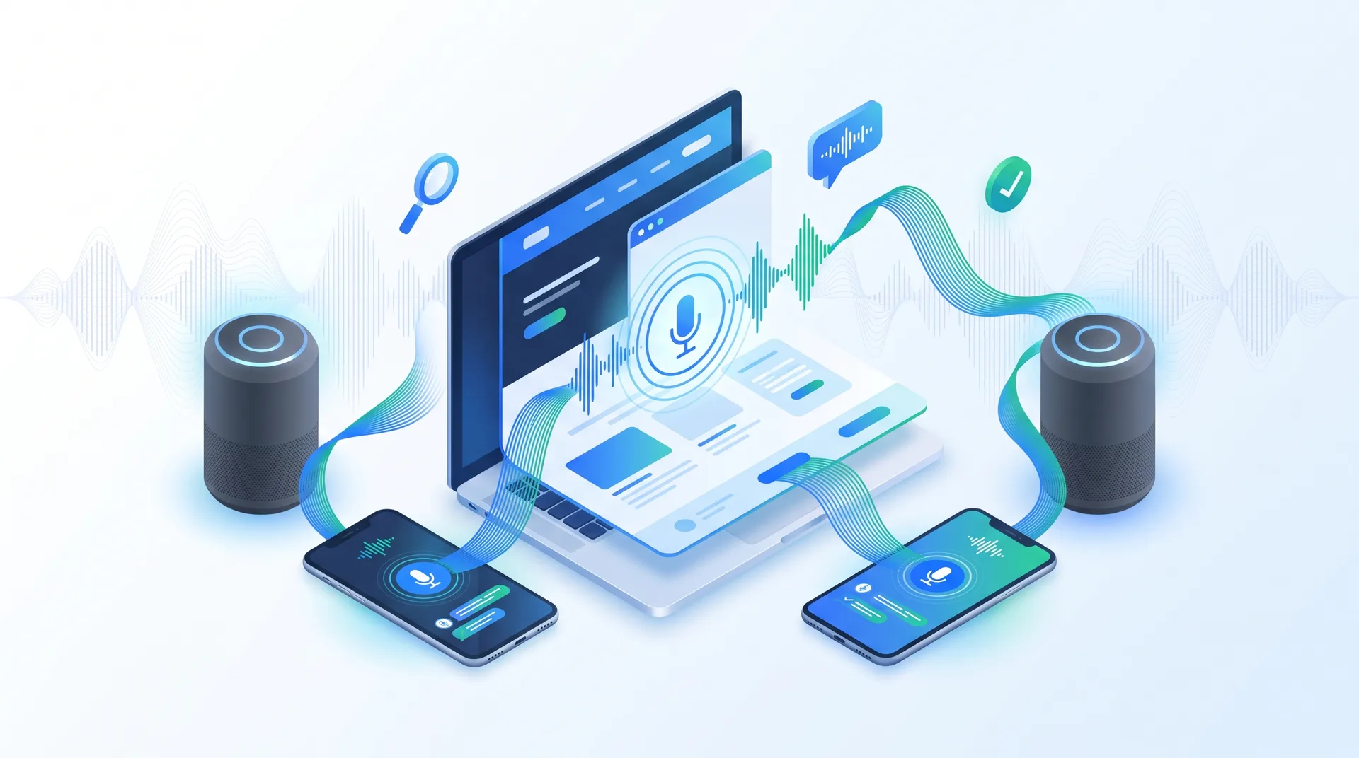 Voice engine optimization concept showing website connected to multiple voice-enabled devices with sound wave patterns