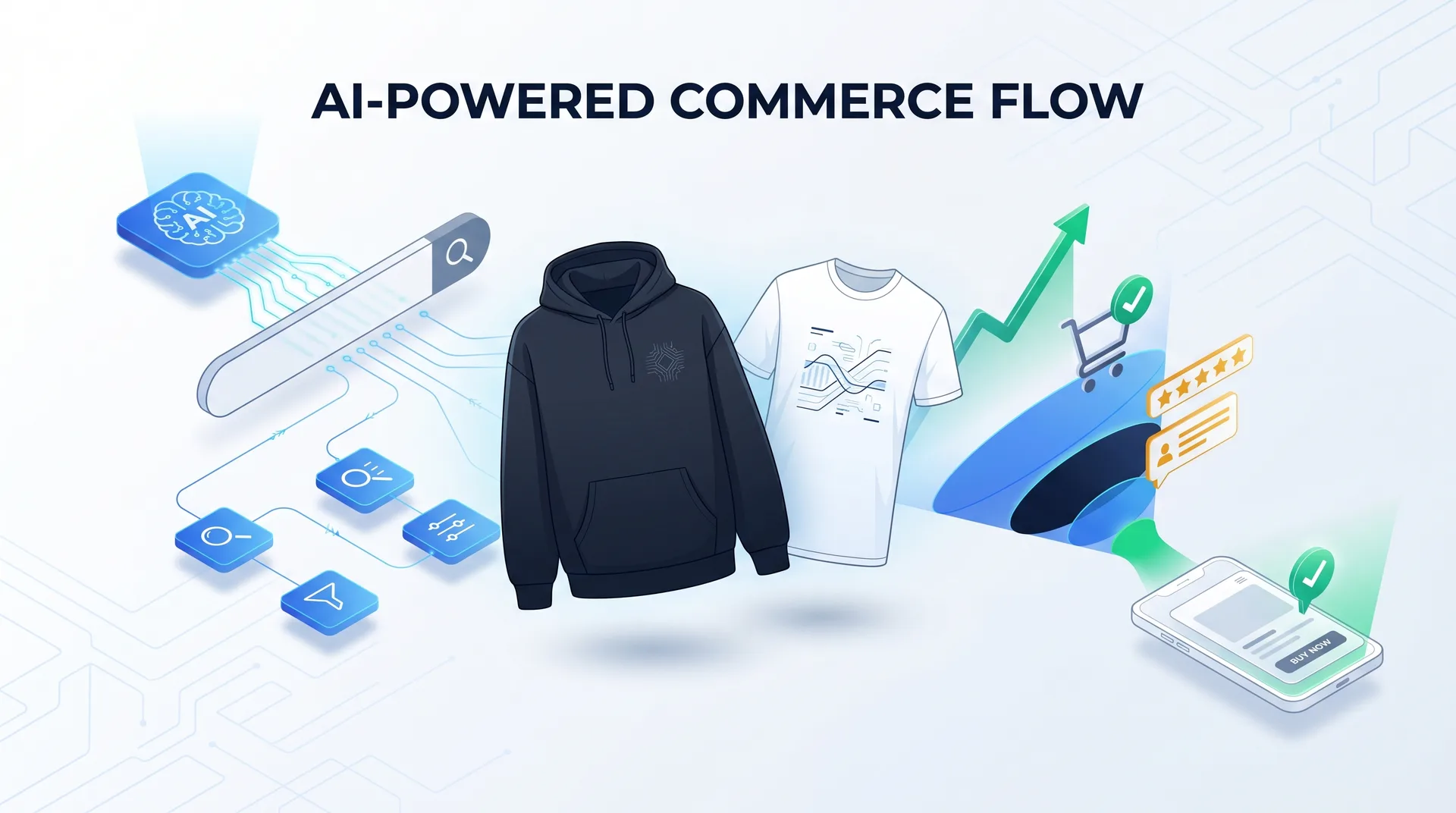 Digital illustration of streetwear clothing surrounded by AI search interfaces and conversion metrics, representing D2C brand optimization strategies